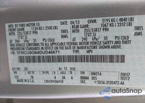 2013 Ford Escape Se из США, поврежденный, VIN 1FMCU9G94DUD46671